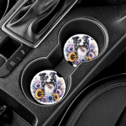 Border Collie in Flowers Ceramic Car Coaster Set - Lifestyle