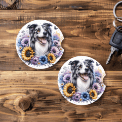 Border Collie in Flowers Ceramic Car Coaster Set - Main