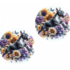 Bull Terrier in Flowers Ceramic Car Coaster Set - Front