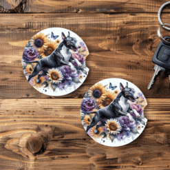 Bull Terrier in Flowers Ceramic Car Coaster Set - Main