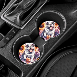 Bulldog in Flowers Ceramic Car Coaster Set - Lifestyle