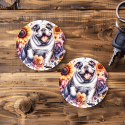 Bulldog in Flowers Ceramic Car Coaster Set - Main