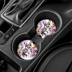 Cardigan Welsh Corgi in Flowers Ceramic Car Coaster Set - Lifestyle