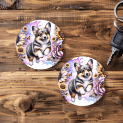 Cardigan Welsh Corgi in Flowers Ceramic Car Coaster Set - Main