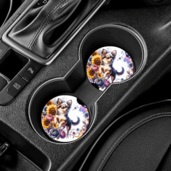 Chihuahua in Flowers Ceramic Car Coaster Set - Lifestyle