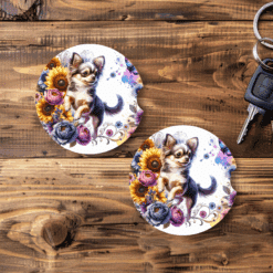 Chihuahua in Flowers Ceramic Car Coaster Set - Main