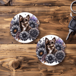 Chocolate Chihuahua in Flowers Ceramic Car Coaster Set - Main
