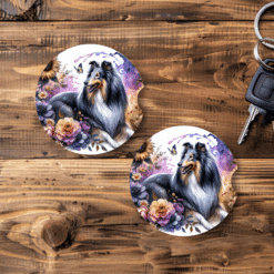 Collie in Flowers in Flowers Ceramic Car Coaster Set - MAin