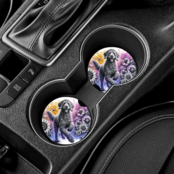 Curly-Coated Retriever in Flowers Ceramic Car Coaster Set - Lifestyle