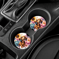 Dachshund in Flowers Ceramic Car Coaster Set - Lifestyle