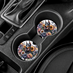 Doberman Pinscher in Flowers Ceramic Car Coaster Set - Lifestyle