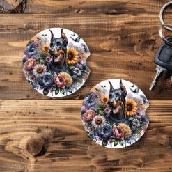 Doberman Pinscher in Flowers Ceramic Car Coaster Set - MAin
