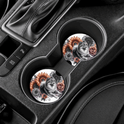 Finnish Spitz in Flowers Ceramic Car Coaster Set - Lifestyle