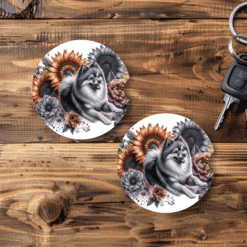Finnish Spitz in Flowers Ceramic Car Coaster Set - Main