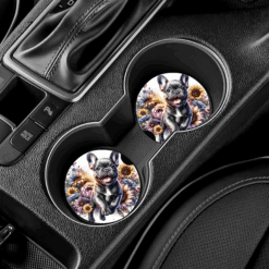 French Bulldog in Flowers Ceramic Car Coaster Set - Lifestyle
