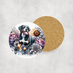 Greater Swiss Mountain Dog in Flowers Ceramic Coaster - Lifestyle