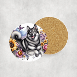 Norwegian Elkhound in Flowers Ceramic Coaster - Lifestyle