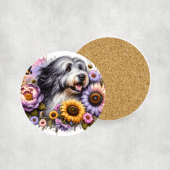 Old English Sheepdog in Flowers Ceramic Coaster - Lifestyle