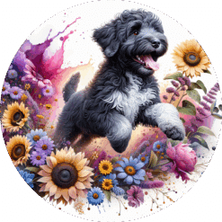 Portuguese Water Dog in Flowers Ceramic Coaster - Render