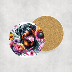 Rottweiler in Flowers Ceramic Coaster - Lifestyle