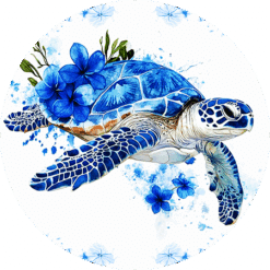 Sea Turtle Blue Floral Round Earrings - Render
