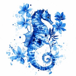 Seahorse Blue Floral Round Earrings - Render