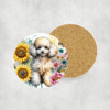 White Poodle in Flowers Ceramic Coaster - Lifestyle