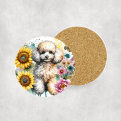 White Poodle in Flowers Ceramic Coaster - Lifestyle