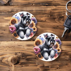 Giant Schnauzer in Flowers Ceramic Car Coaster Set - MAin