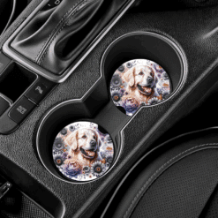 Golden Retriever in Flowers Ceramic Car Coaster Set - Lifestyle