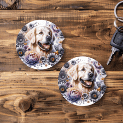 Golden Retriever in Flowers Ceramic Car Coaster Set - Main