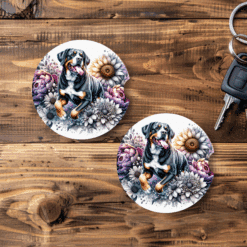 Greater Swiss Mountain Dog in Flowers Ceramic Car Coaster Set - MAin